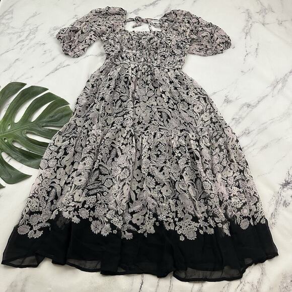 Anthropologie Dresses & Skirts - Anthropologie Puff Sleeve Midi Dress Size S Purple Black Sheer Peasant Ruffle